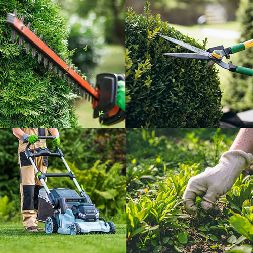 landscaping tools in action including hedge trimming, bush shaping, lawn mowing, and weed removal