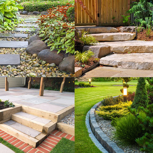 Landscaped garden pathways featuring a variety of materials including stone steps, pebbles, and lush greenery, showcasing attractive outdoor design elements.